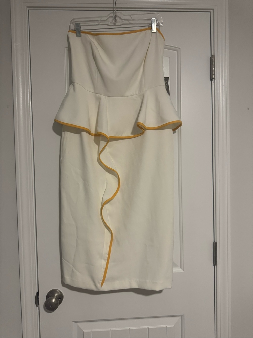 eva mendes for New York & Company Strapless Cream Peplum Dress with Gold Trim - Picture 2 of 7